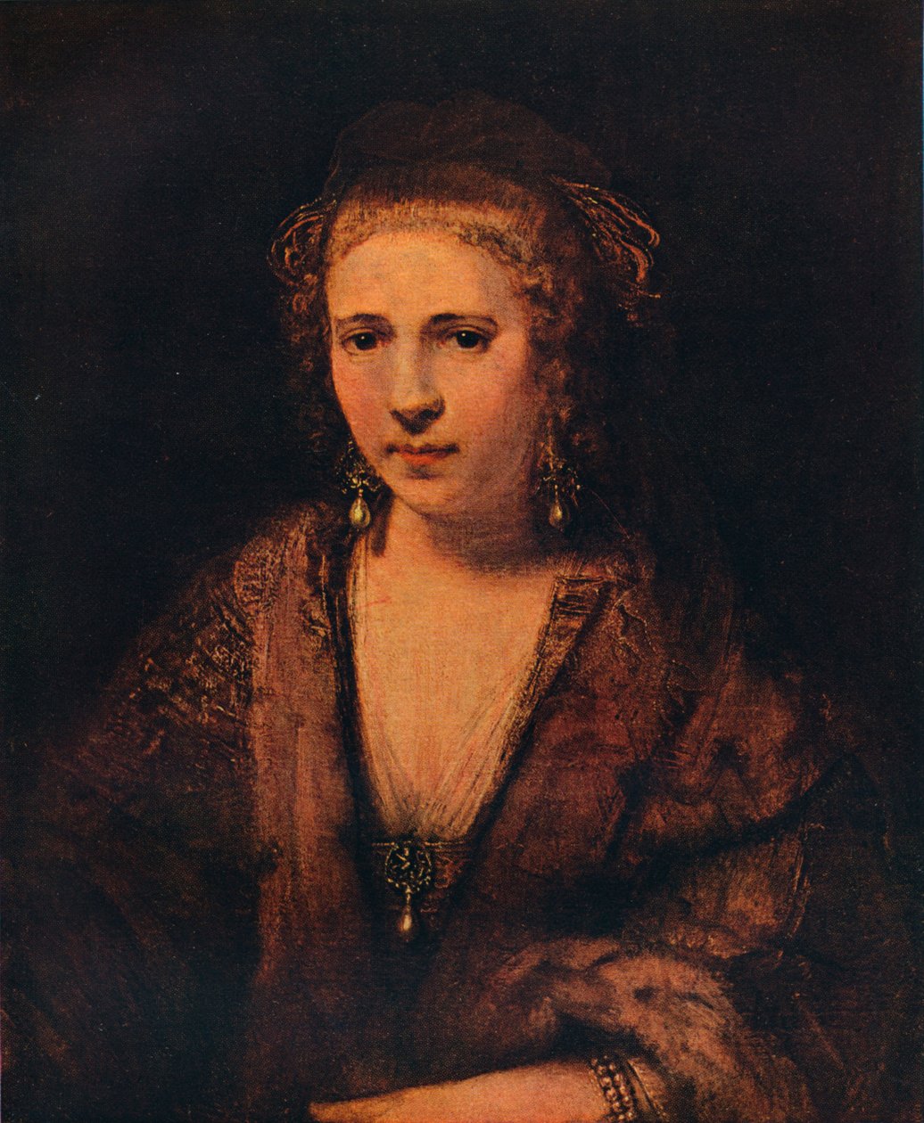 Portrett av Hendrickje Stoffels med en fløyelsbasker , c1654 av Rembrandt van Rijn