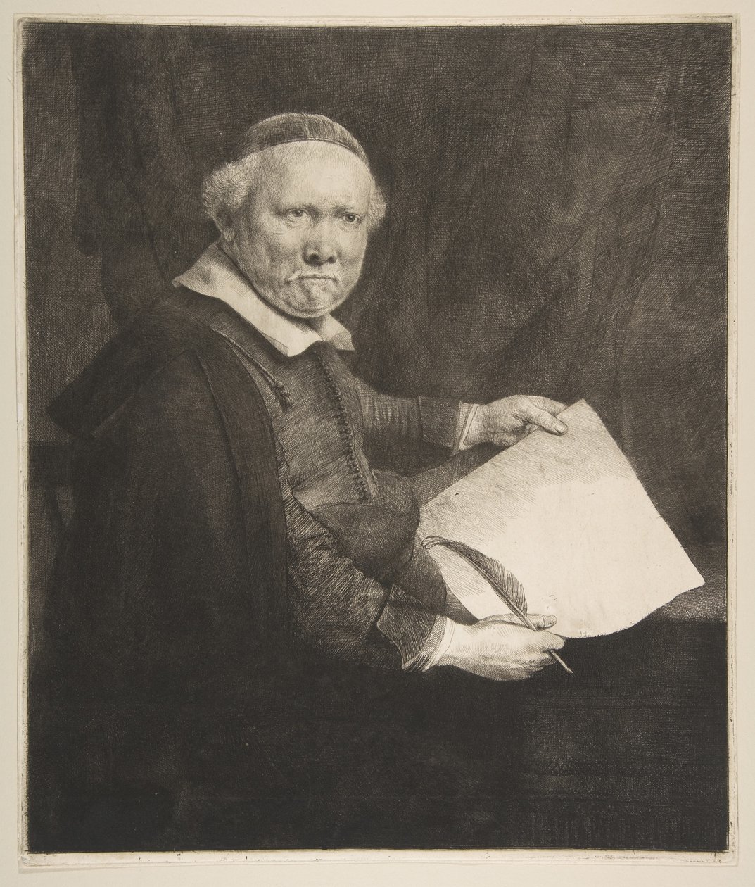 Portrett av Lieven Willemsz van Coppenol, Writing Master the larger plate, 1658. av Rembrandt van Rijn