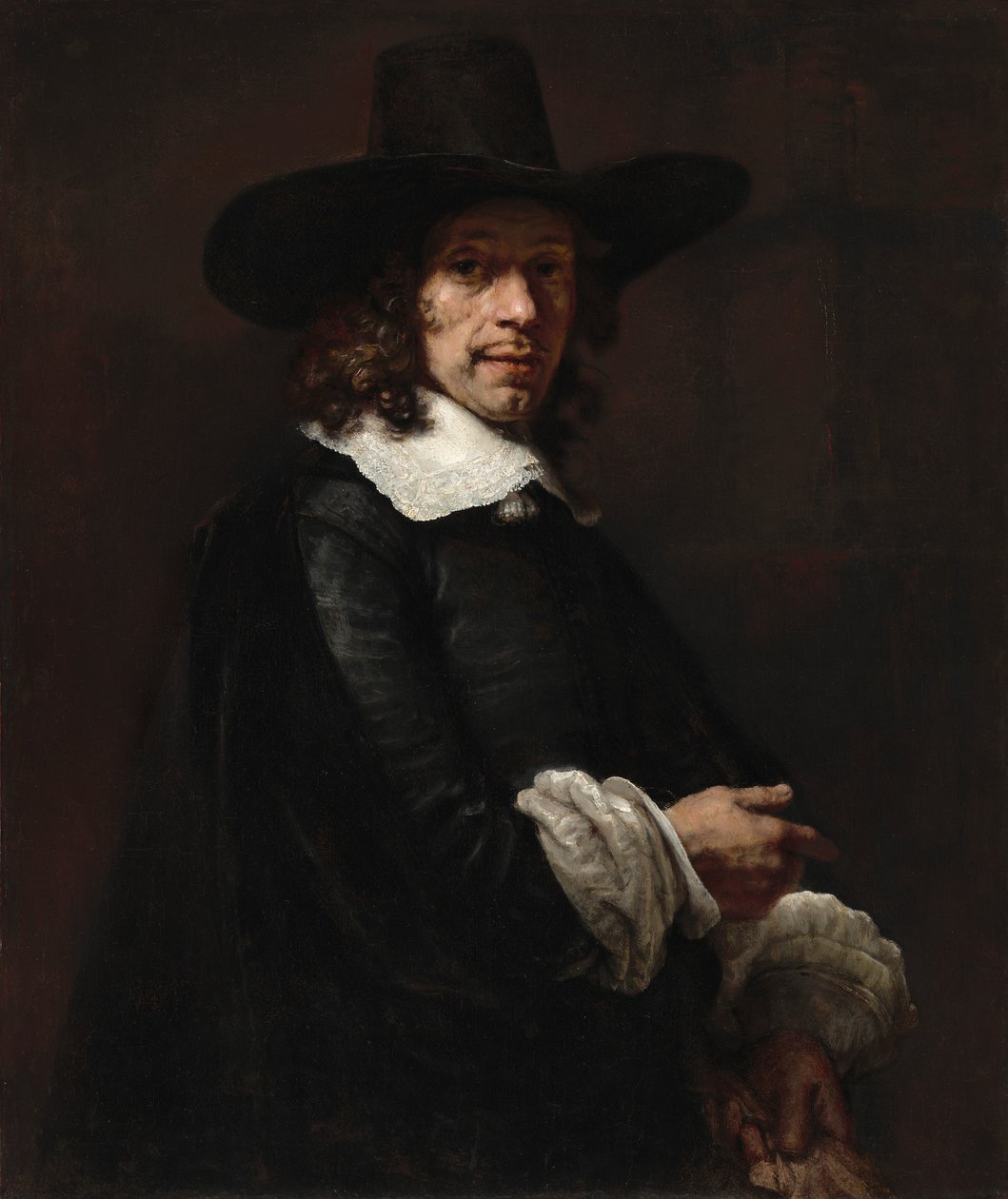 Portrett av en herre med høy lue og hansker, ca. 16561658. av Rembrandt van Rijn