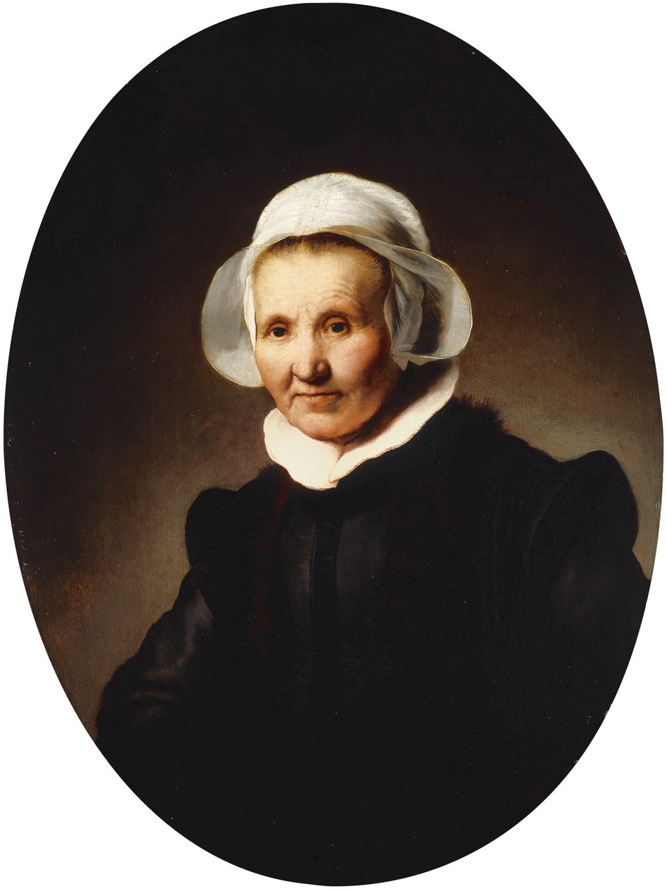 Portrett av en dame, 62 år, kanskje Aeltje Pietersdr. Uylenburgh, kone til Johannes Cornelisz. Sylvius, halv lengde i svart drakt., 1632 av Rembrandt van Rijn