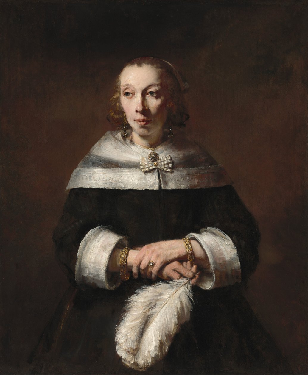 Portrett av en dame med en strutsfjærvifte, ca. 16561658. av Rembrandt van Rijn