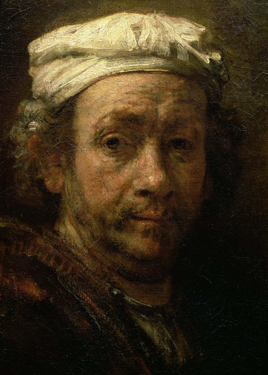 Portrett av kunstneren ved hans staffeli, detalj av ansiktet, 1660 (detalj av 91054) av Rembrandt van Rijn