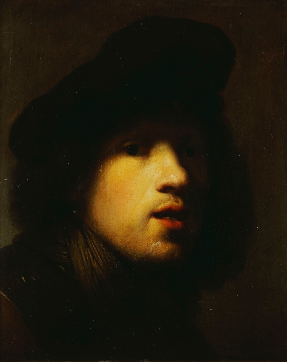 Portrett av kunstneren, hode og skuldre, i en svart beret og en kløft av Rembrandt van Rijn
