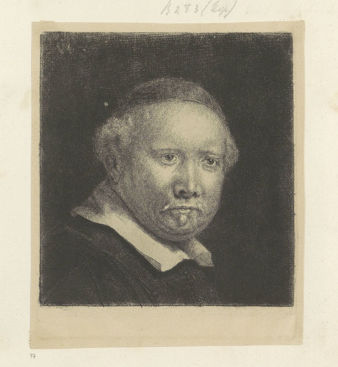 Portrett av forfatteren Lieven Willemsz. van Coppenol: stor tallerken Recueil de quatre-vingt-cinq estampes originales (serietittel) av Rembrandt van Rijn