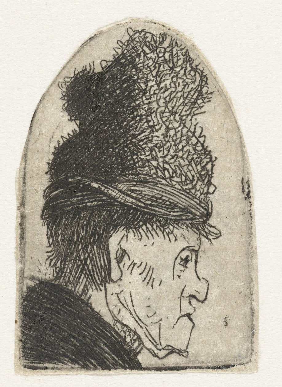 Profil av en mann med høy hatt Grotesk profil: mann med høy caps av Rembrandt van Rijn