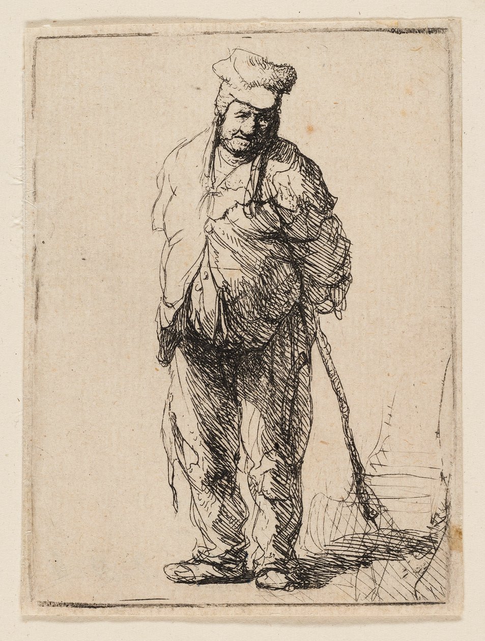 Raget bonde med hendene bak seg, holder en pinne av Rembrandt van Rijn