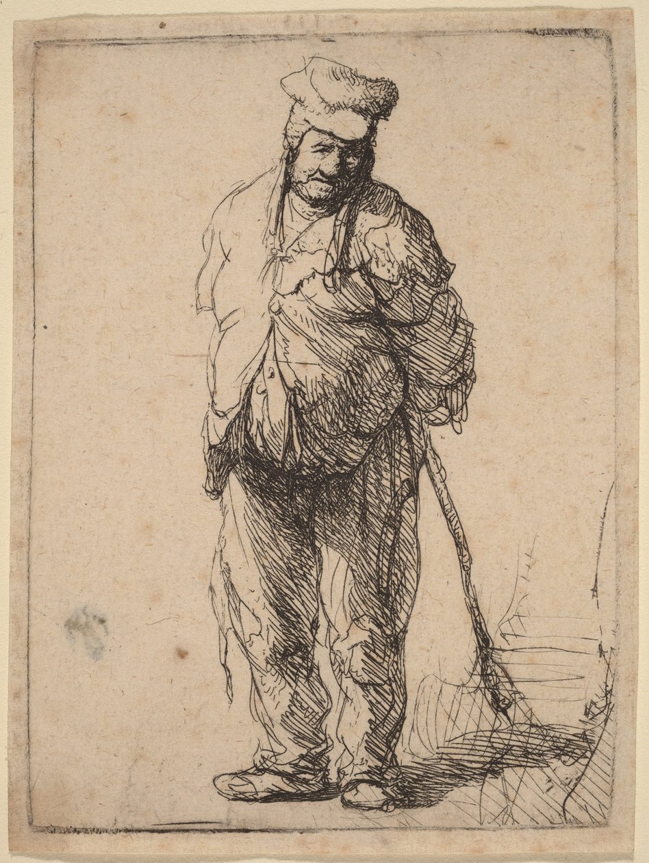 En fillete bonde med hendene bak ryggen, som holder en stokk av Rembrandt van Rijn