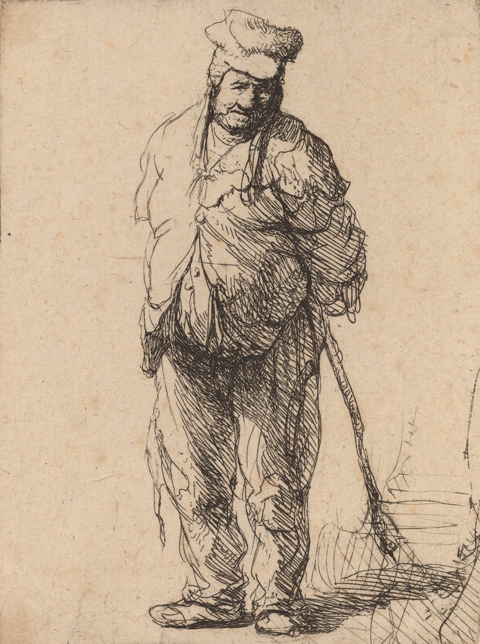 Ragget bonde med hendene bak seg, holder en pinne, ca. 1630. av Rembrandt van Rijn