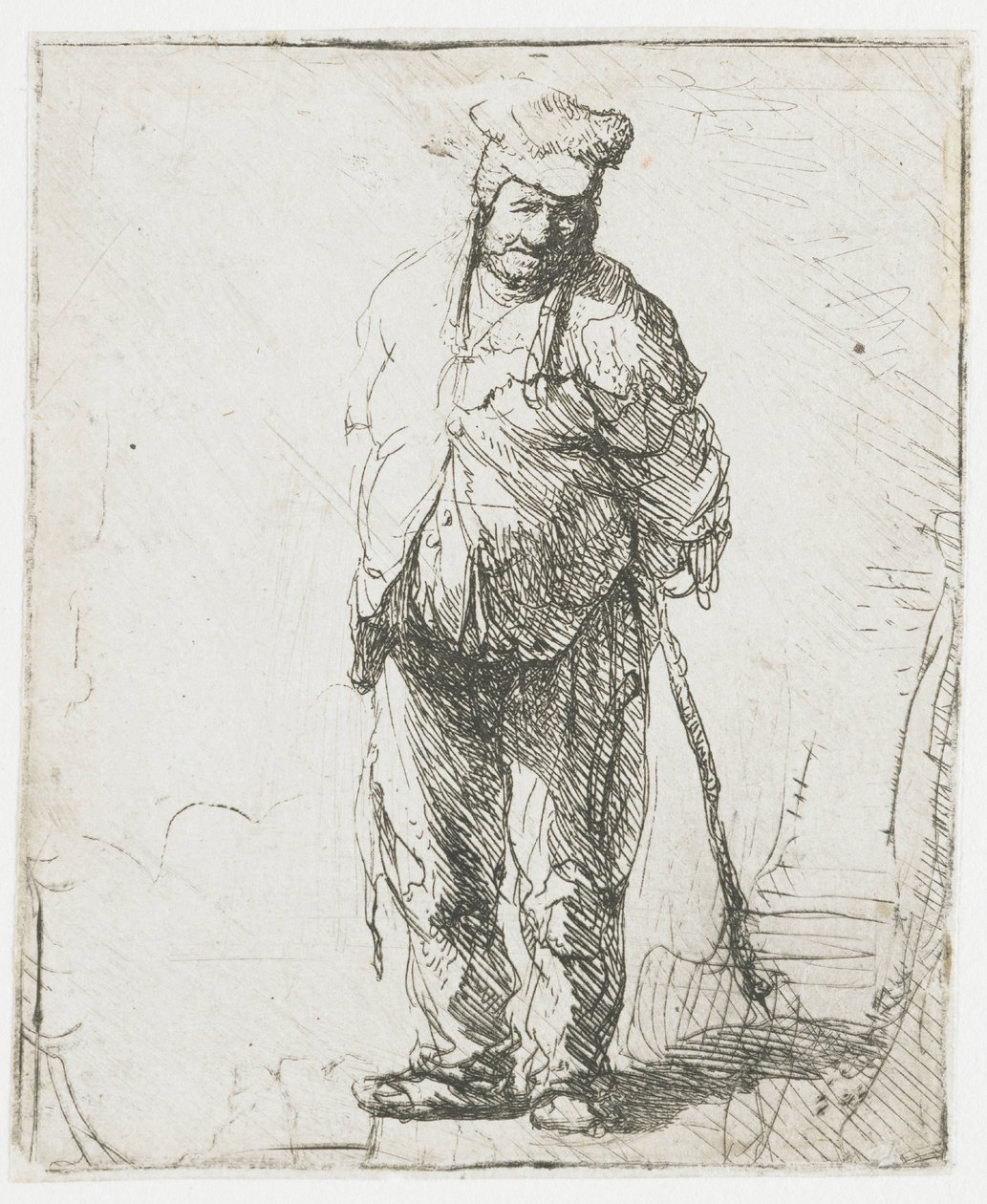 En fillete bonde med hendene bak ryggen, som holder en stokk av Rembrandt van Rijn