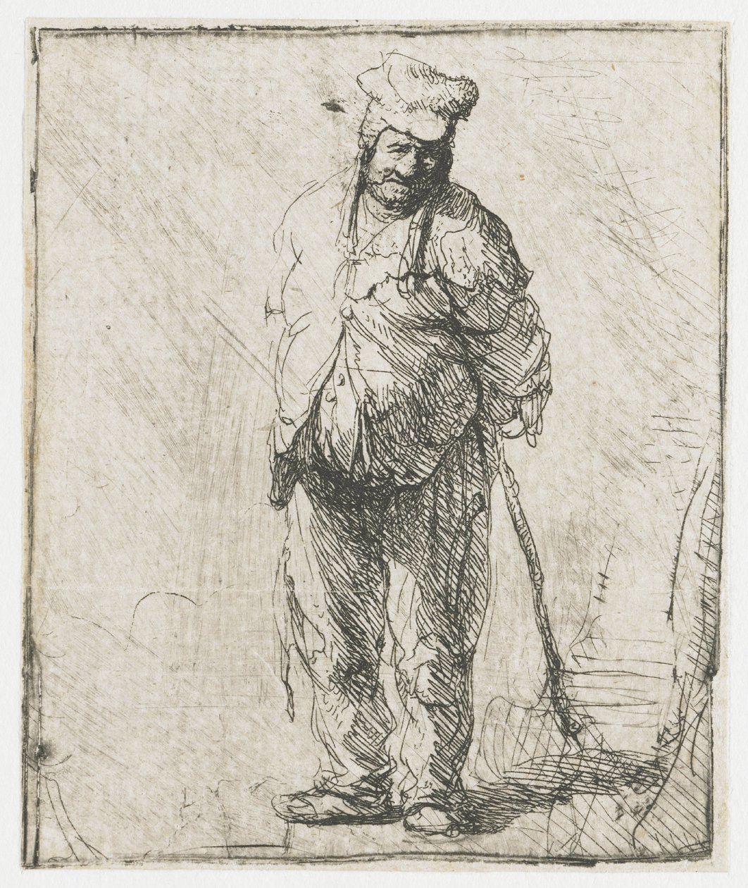 En fillete bonde med hendene bak ryggen, som holder en stokk av Rembrandt van Rijn