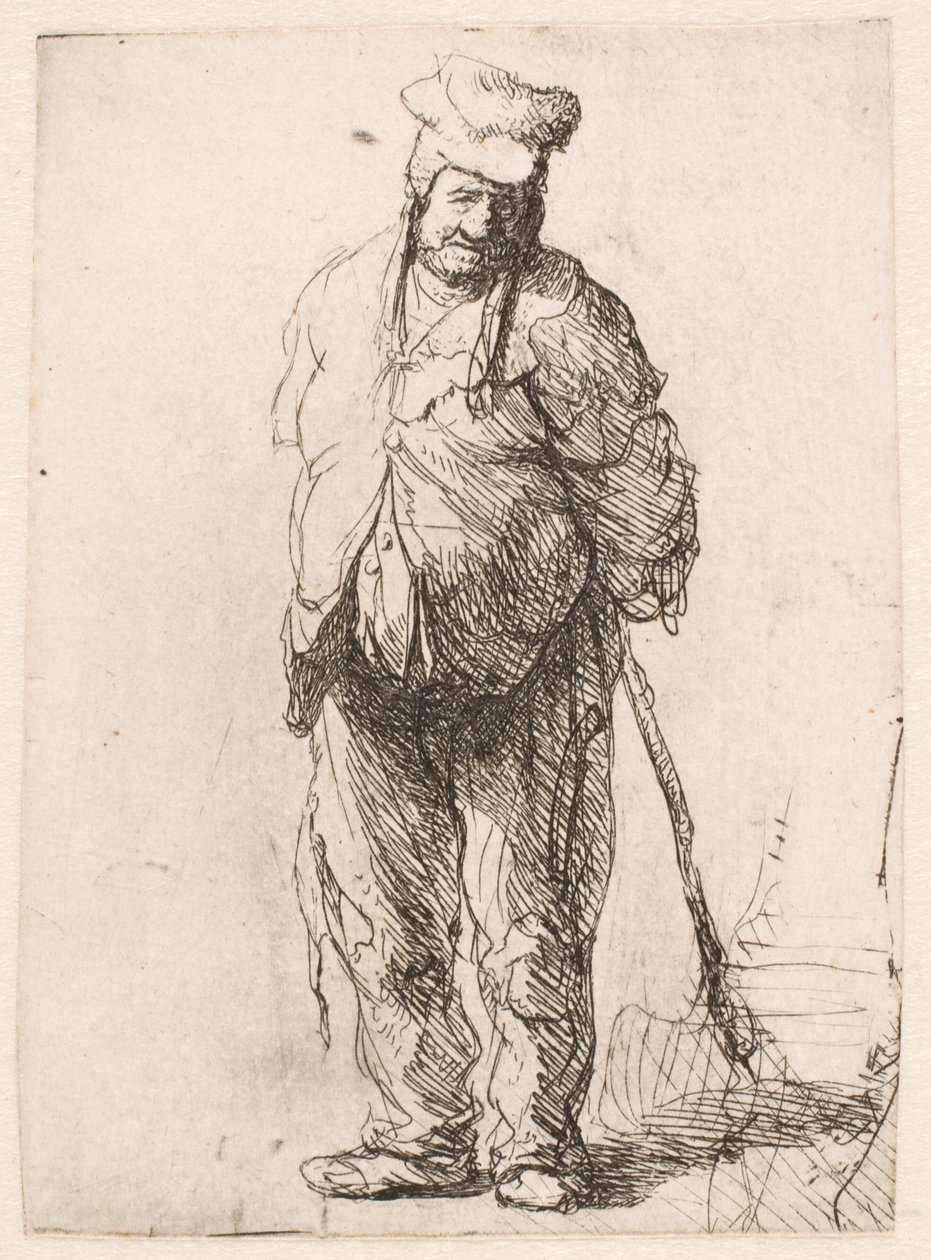 En fillete bonde med hendene bak ryggen, som holder en stokk av Rembrandt van Rijn