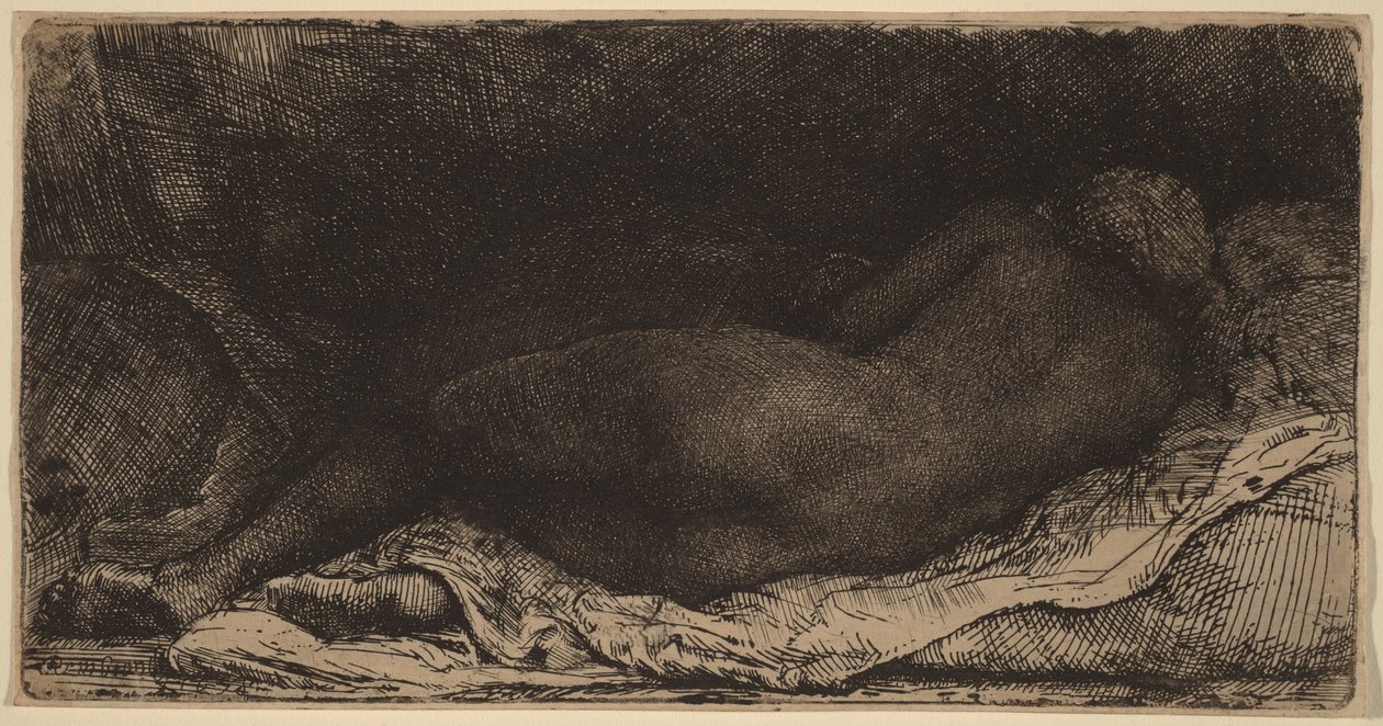 Liggende kvinnelig nakenmodell av Rembrandt van Rijn