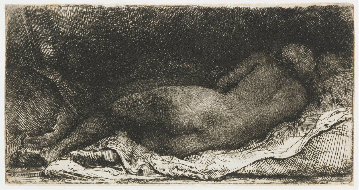 Liggende naken kvinne av Rembrandt van Rijn