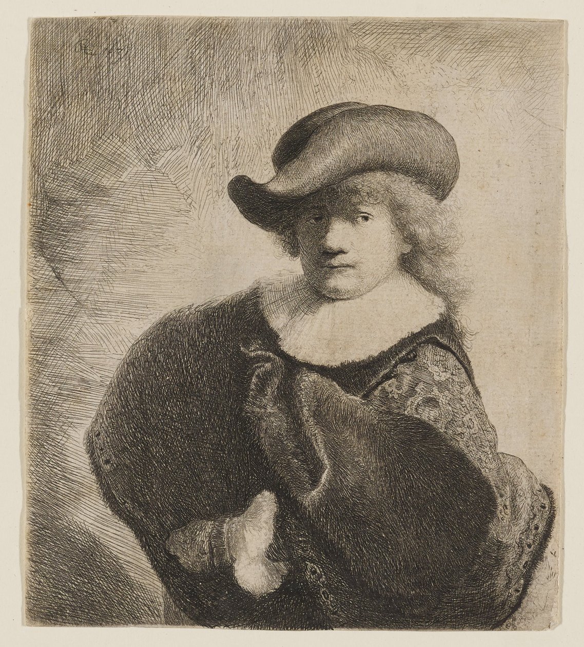 Rembrandt med en myk hatt på skrå av Rembrandt van Rijn