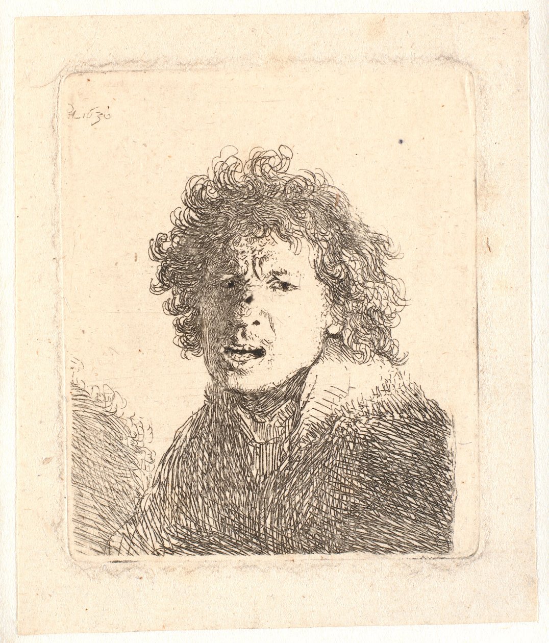 Rembrandt barhodet og åpen munn, som om han ropte: byste av Rembrandt van Rijn