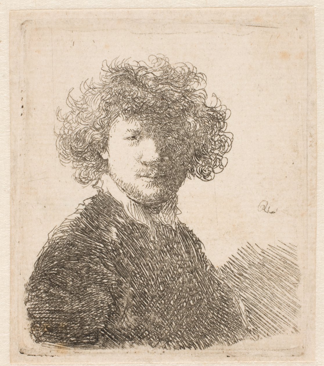 Rembrandt uten hatt, med tykt, krøllete hår og en liten hvit krage: brystbilde av Rembrandt van Rijn