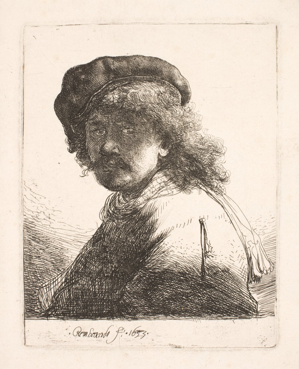 Rembrandt med lue og skjerf: ansiktet i skygge: brystbilde av Rembrandt van Rijn