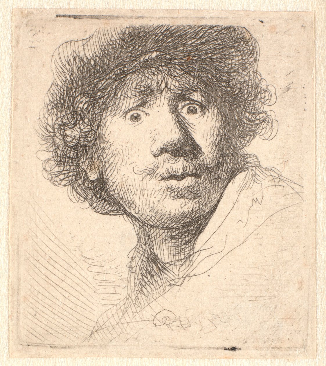Rembrandt in a cap, open mouthed and staring: bust in outline   1269100   no       norwegian Successfully Translated  Original: A Banker from Scenes from the Private and Public Life of Animals, ca. 1837-47. Translat: A Banker from Scenes from the Private a av Rembrandt van Rijn