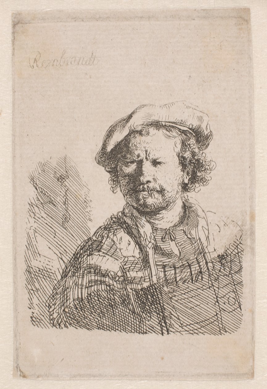 Rembrandt i flat lue med sjal om skuldrene av Rembrandt van Rijn