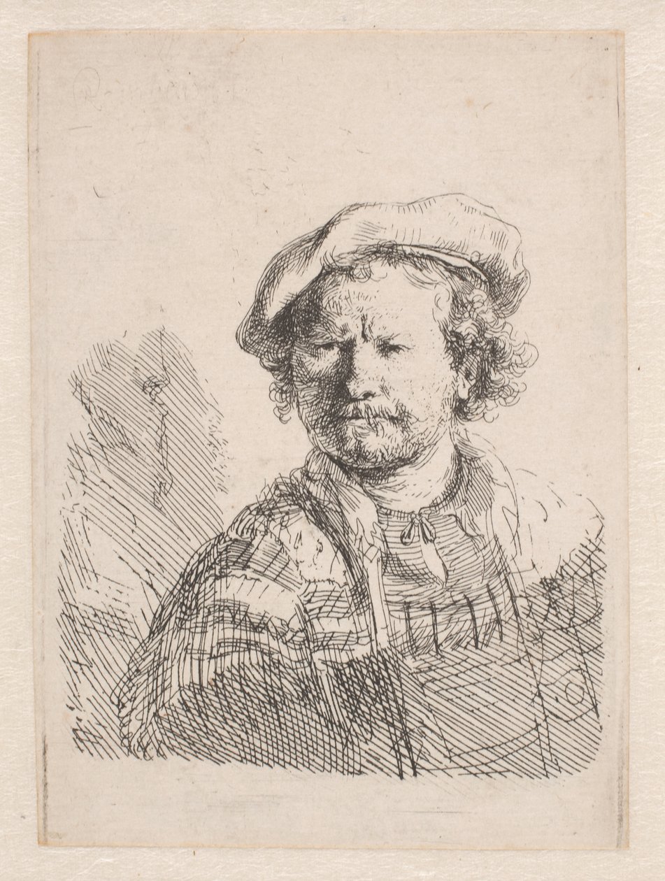 Rembrandt i flat lue med sjal om skuldrene av Rembrandt van Rijn