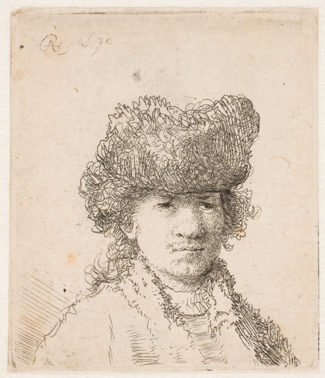 Rembrandt med pelslue: lyset på drakten: brystbilde av Rembrandt van Rijn