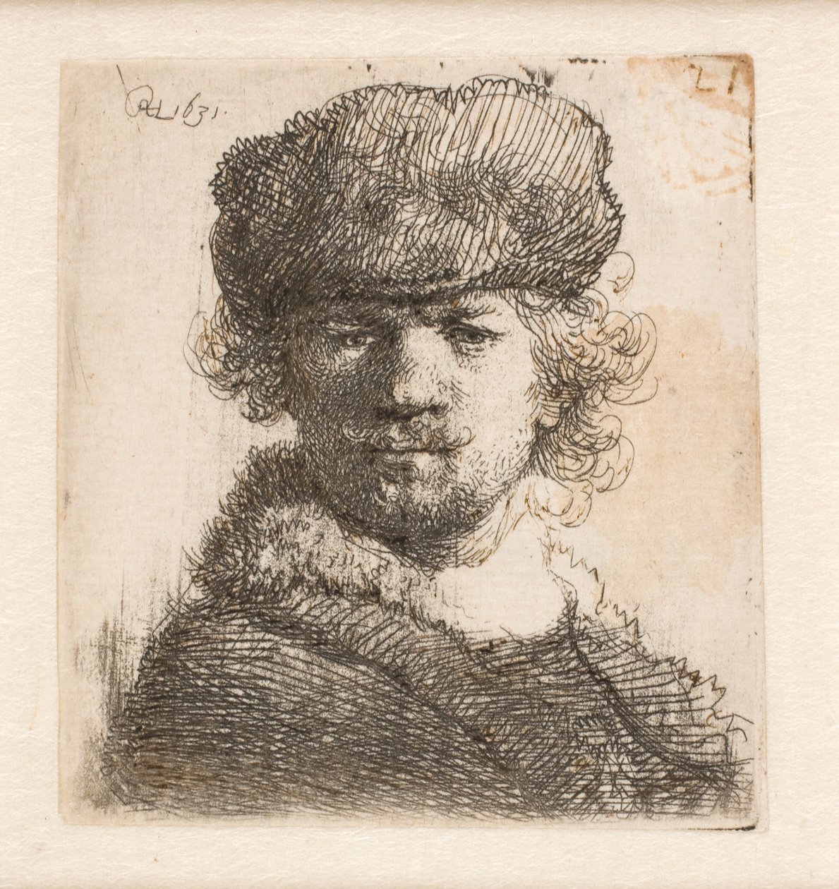 Rembrandt med en tykk pelslue: i profil: brystbilde av Rembrandt van Rijn