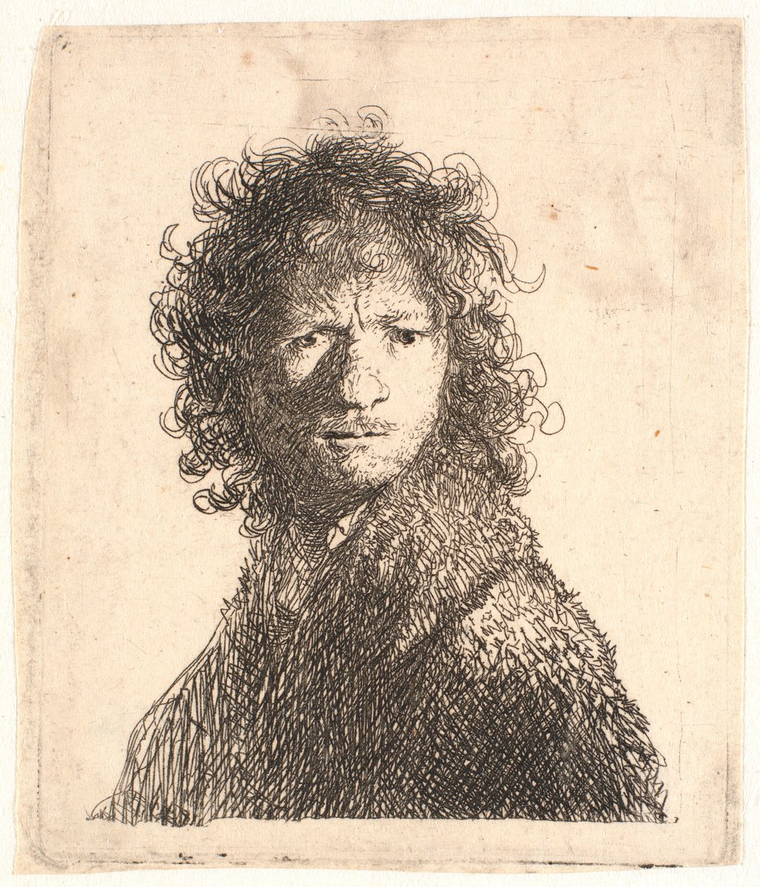 Rembrandt vareheaded, i skarpt lys fra høyre: ser over skulderen: byste av Rembrandt van Rijn