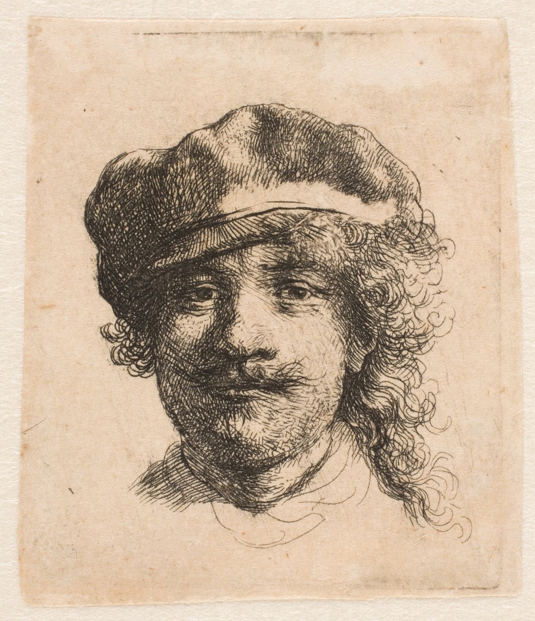 Rembrandt med en myk lue: helfigur: kun hodet av Rembrandt van Rijn
