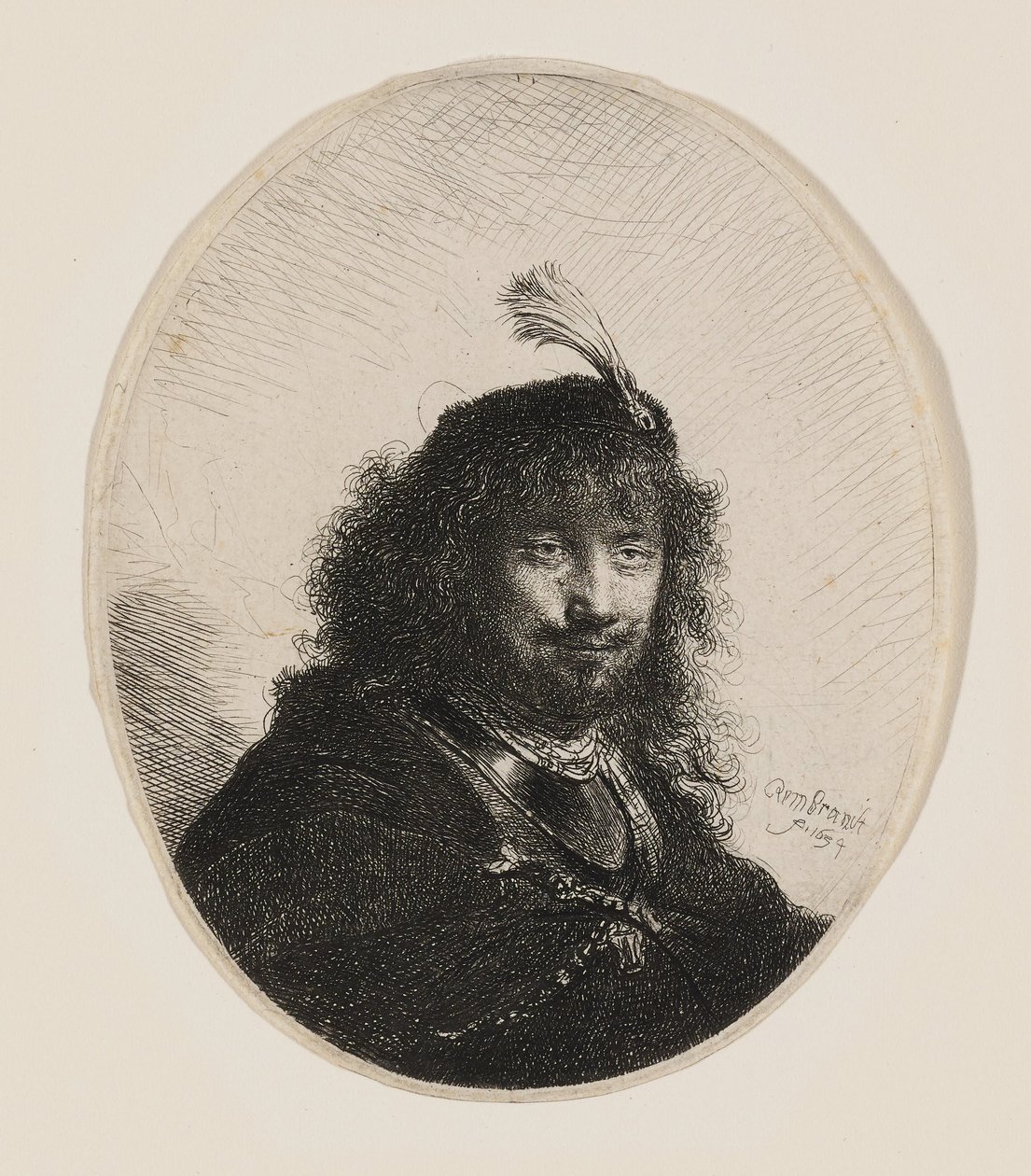 Rembrandt med fjærprydet lue og nedsenket sabel av Rembrandt van Rijn