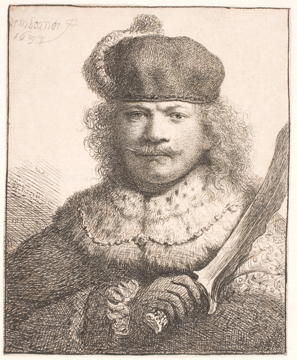 Rembrandt med løftet sabel: halvfigur av Rembrandt van Rijn