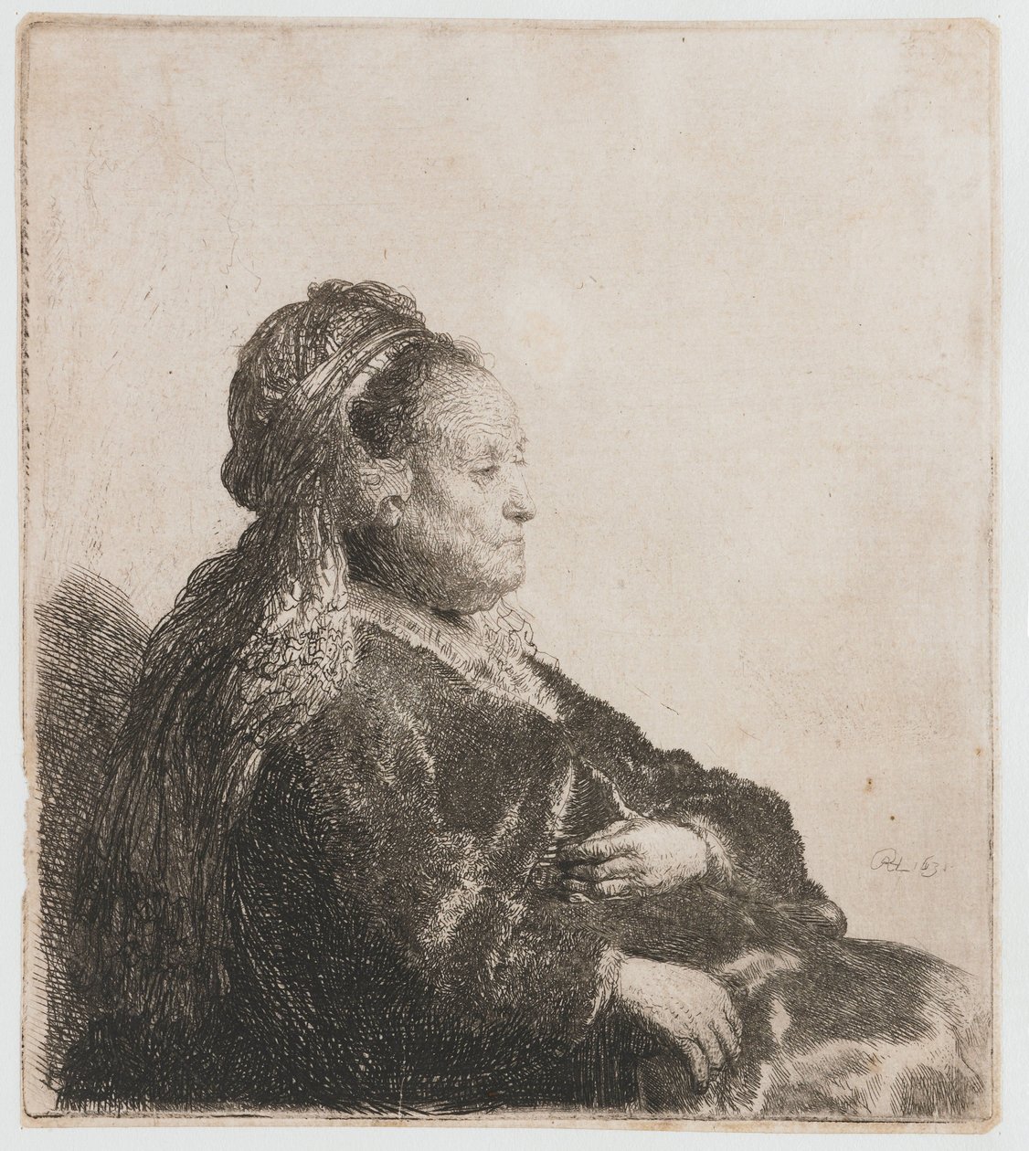 Rembrandts mor sitter Kunstnerens mor sittende, i en orientalsk hodeplagg: halv lengde av Rembrandt van Rijn