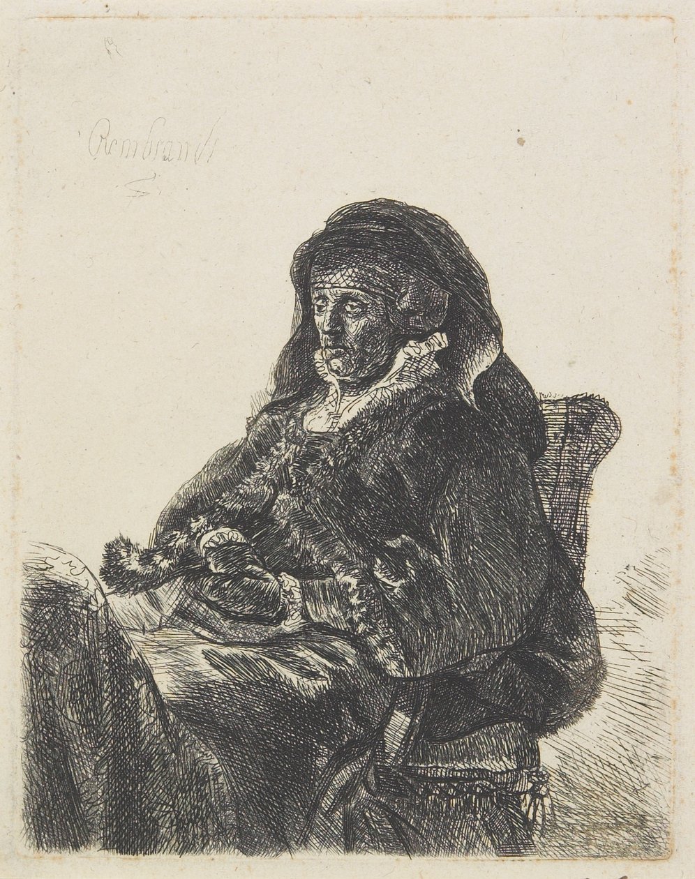 Rembrandts mor i enkens kjole og svarte hansker, ca. 1632-35 av Rembrandt van Rijn