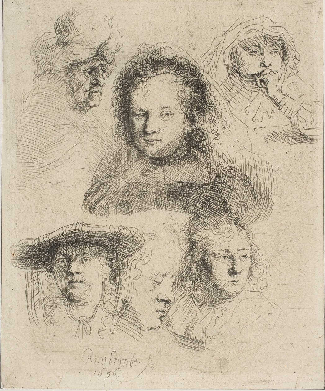 Rembrandts kone og fem andre hoder, 1636. av Rembrandt van Rijn