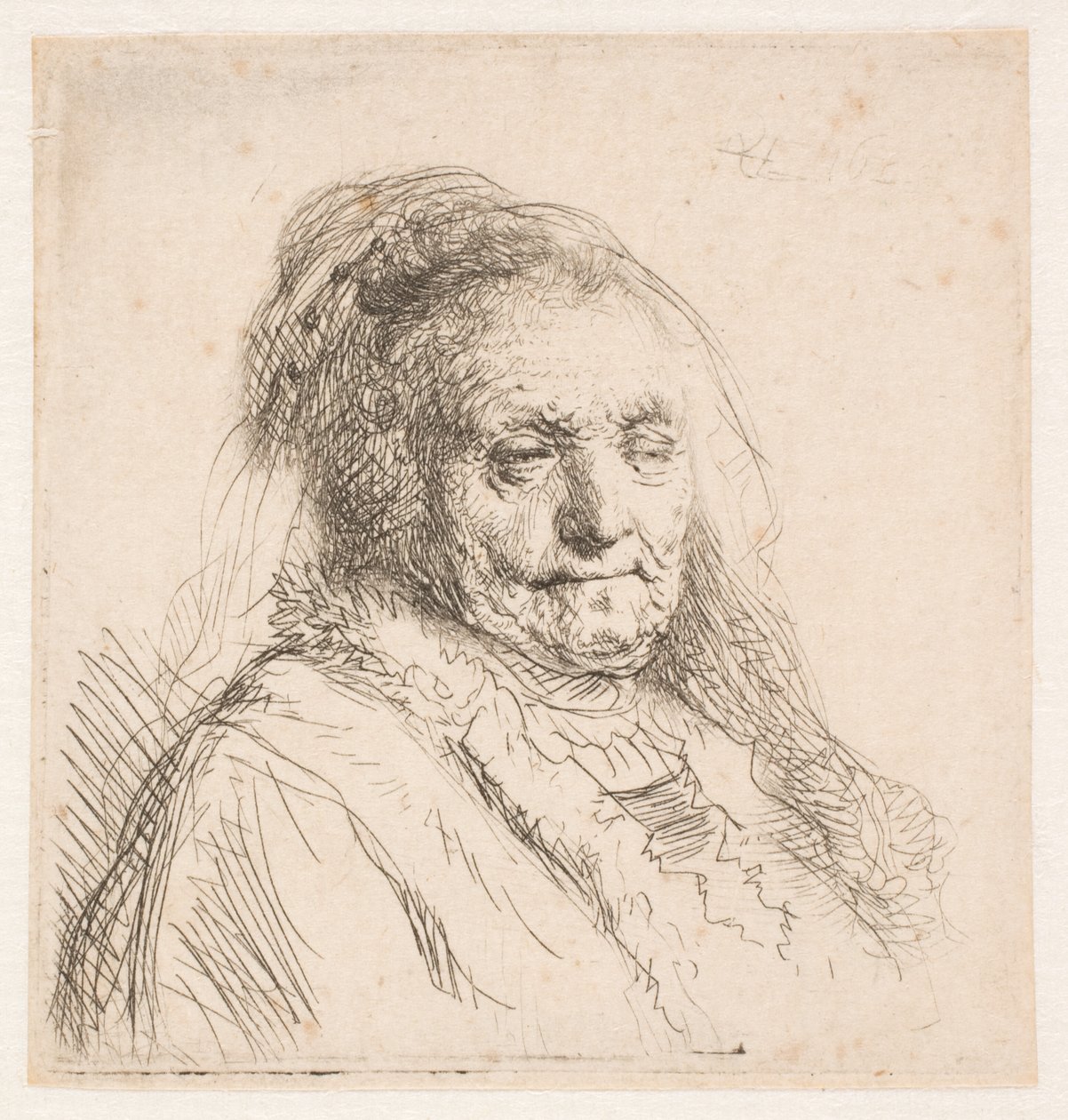 Rembrandts mor: hode og byste, trekvartprofil av Rembrandt van Rijn