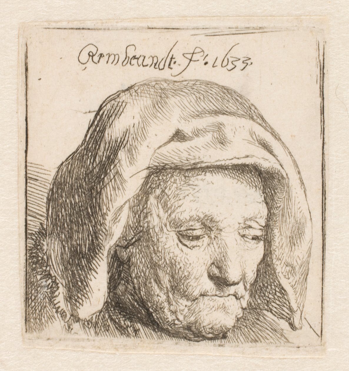 Rembrandts mor med et hodeplagg av stoff, mens hun ser ned: kun hodet av Rembrandt van Rijn