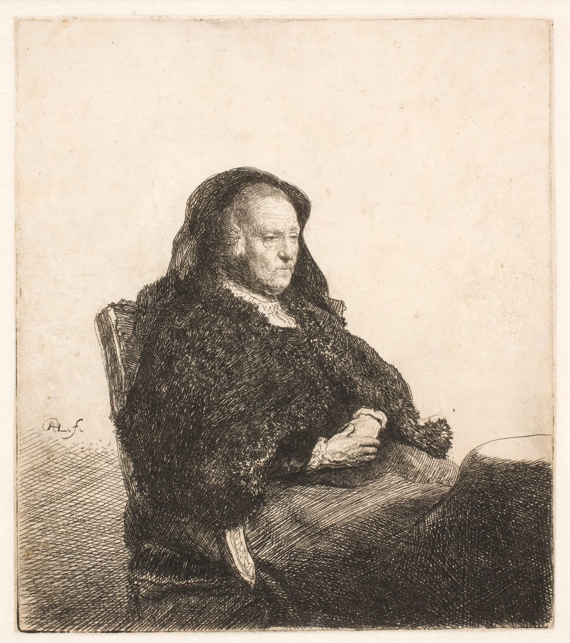 Rembrandts mor sitter ved et bord og ser mot høyre: trekvartfigur av Rembrandt van Rijn