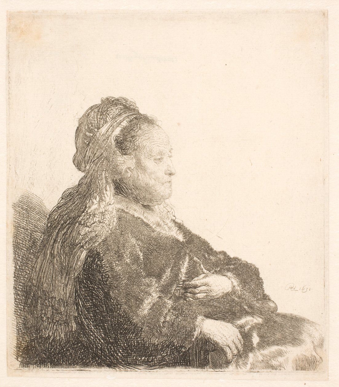 Rembrandts mor satt vendt mot høyre, i en orientalsk hodeplagg: halvlang, viser hender av Rembrandt van Rijn