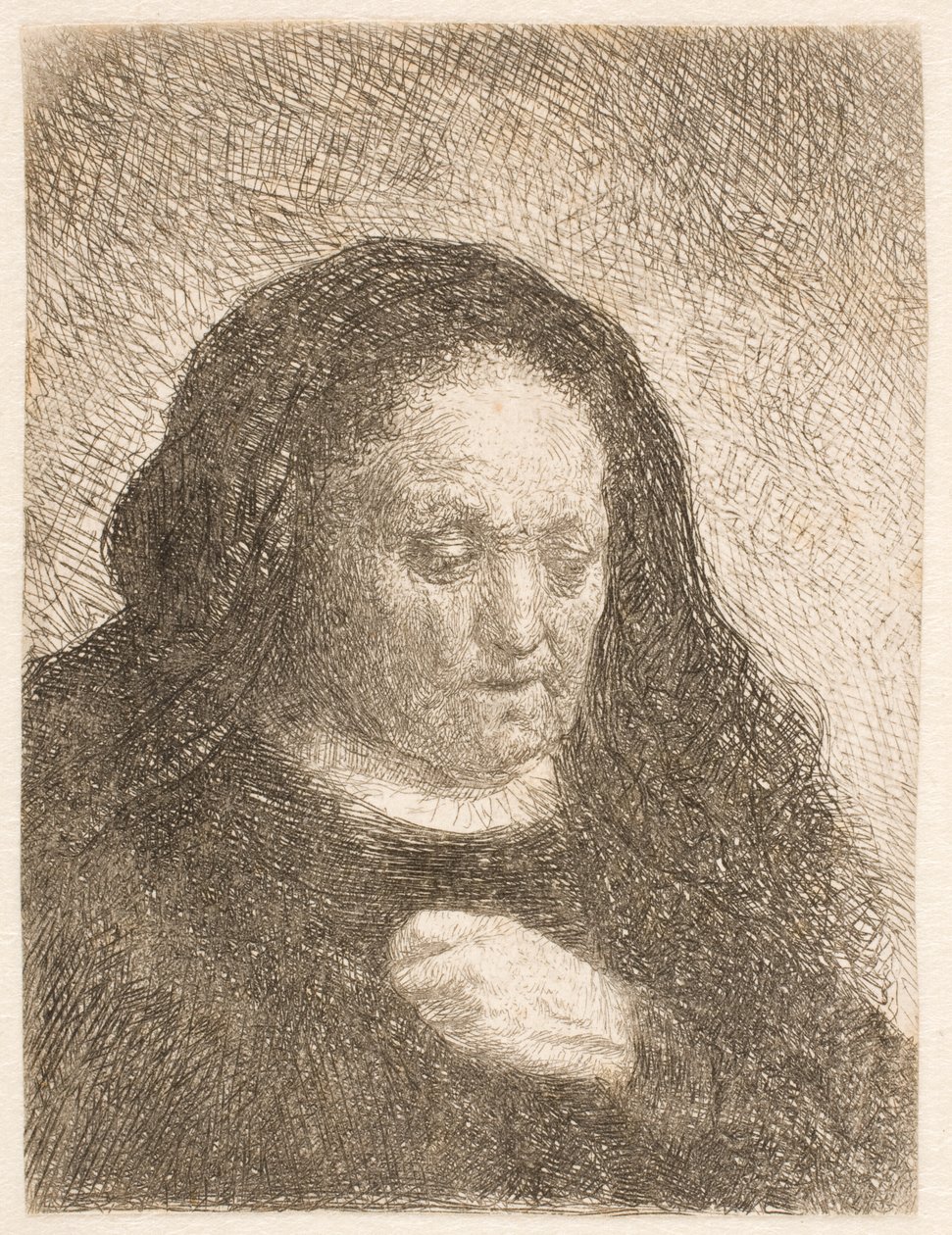 Rembrandts mor med hånden på brystet: liten byste av Rembrandt van Rijn