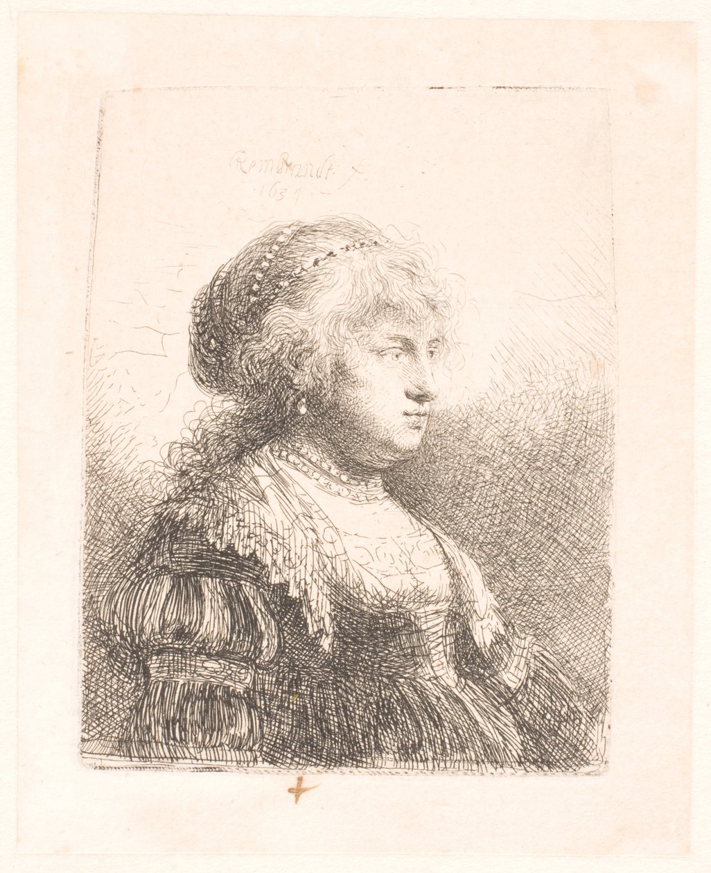 Rembrandts kone Saskia, med perler i håret, brystbilde av Rembrandt van Rijn
