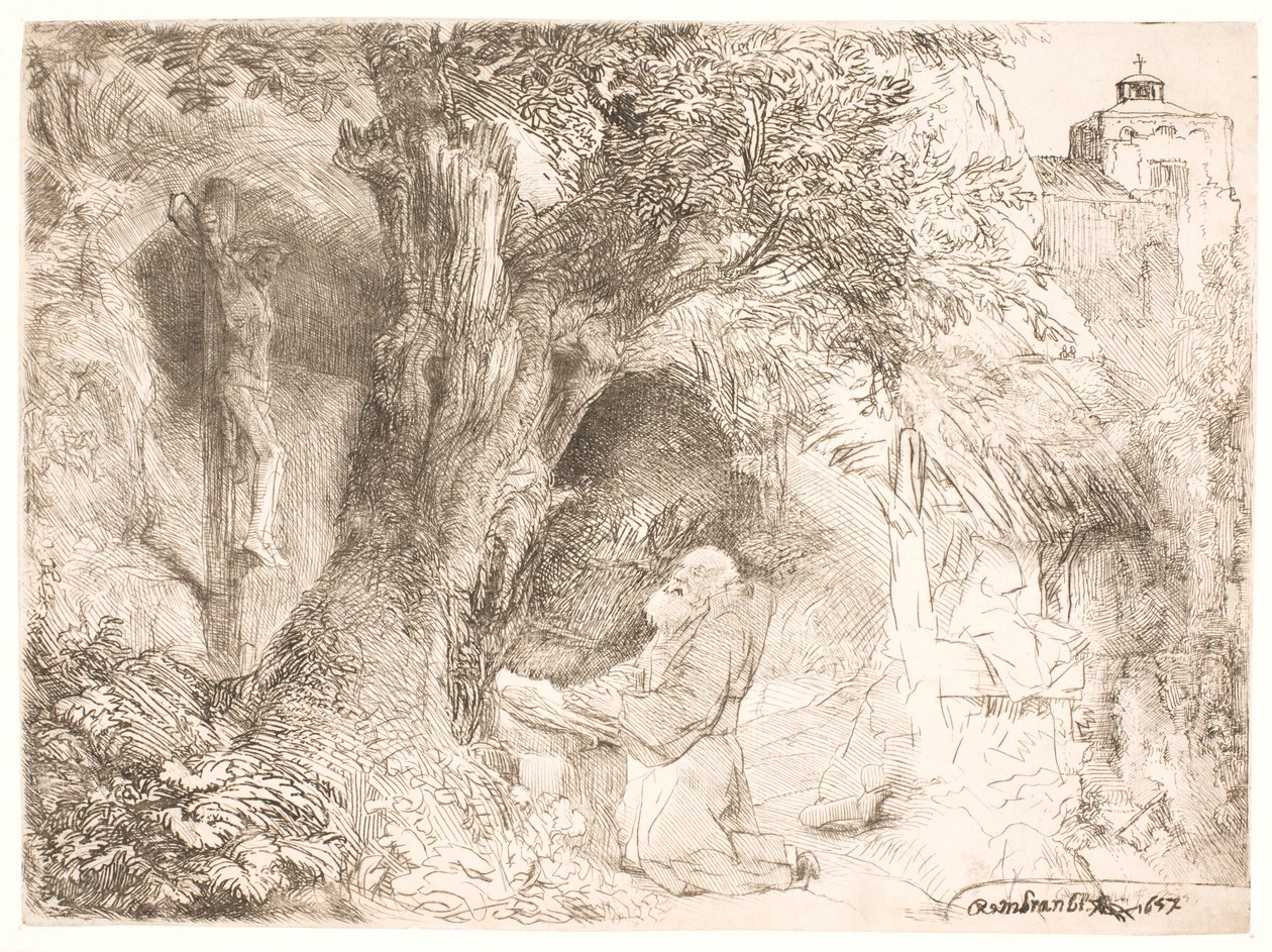 S. Francis under et tre og ber av Rembrandt van Rijn