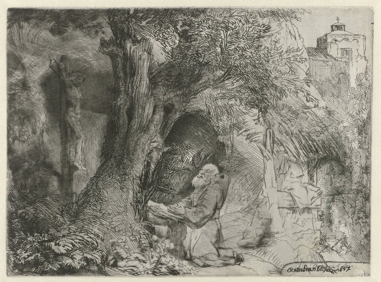 Saint Francis under et tre, ber St Francis under et tre ber av Rembrandt van Rijn
