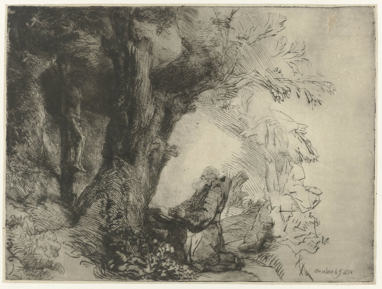 Saint Francis under et tre, ber St Francis under et tre ber av Rembrandt van Rijn