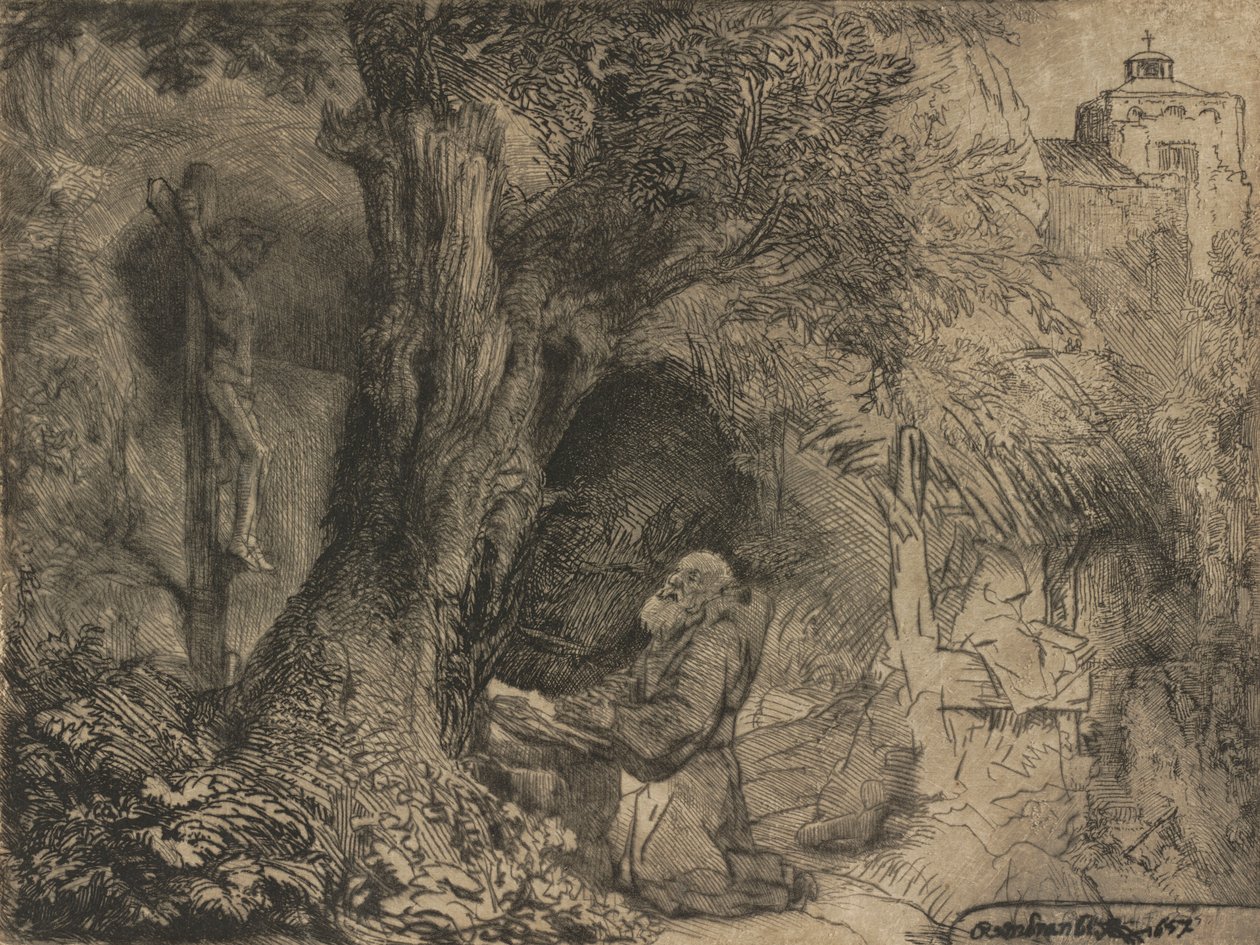 Saint Francis under et tre ber, 1657. av Rembrandt van Rijn