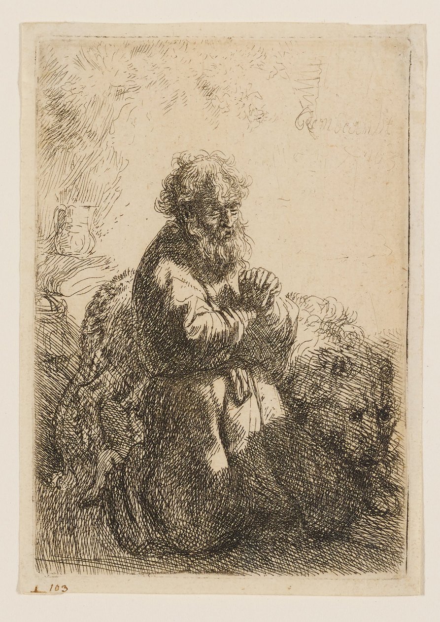 Den hellige Hieronymus knelende i bønn, med blikket vendt nedover av Rembrandt van Rijn