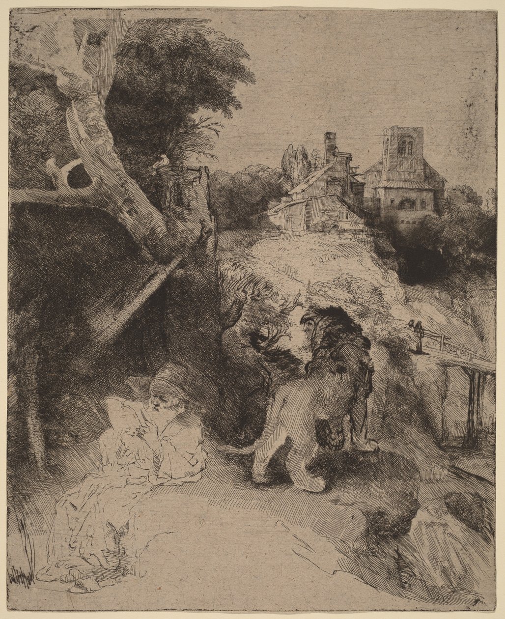 Den hellige Hieronymus leser i et italiensk landskap av Rembrandt van Rijn
