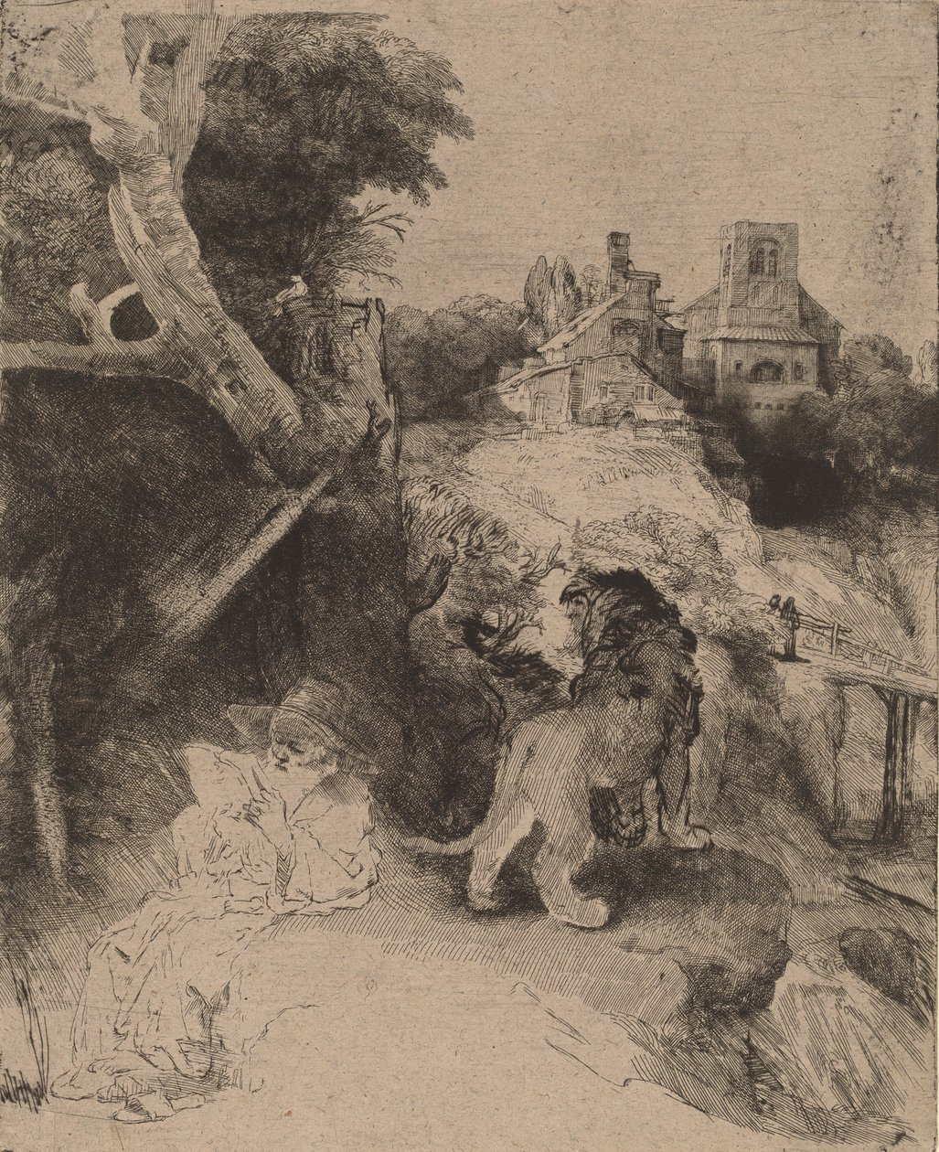 Saint Jerome leser i et italiensk landskap, ca. 1653. av Rembrandt van Rijn