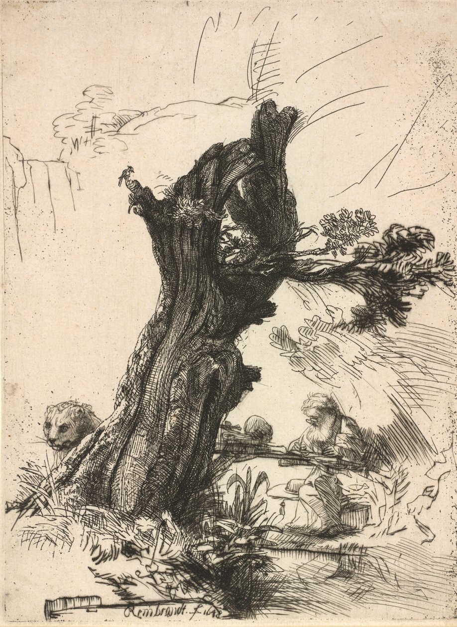Saint Jerome ved siden av en Pollard Willow, 1648. av Rembrandt van Rijn