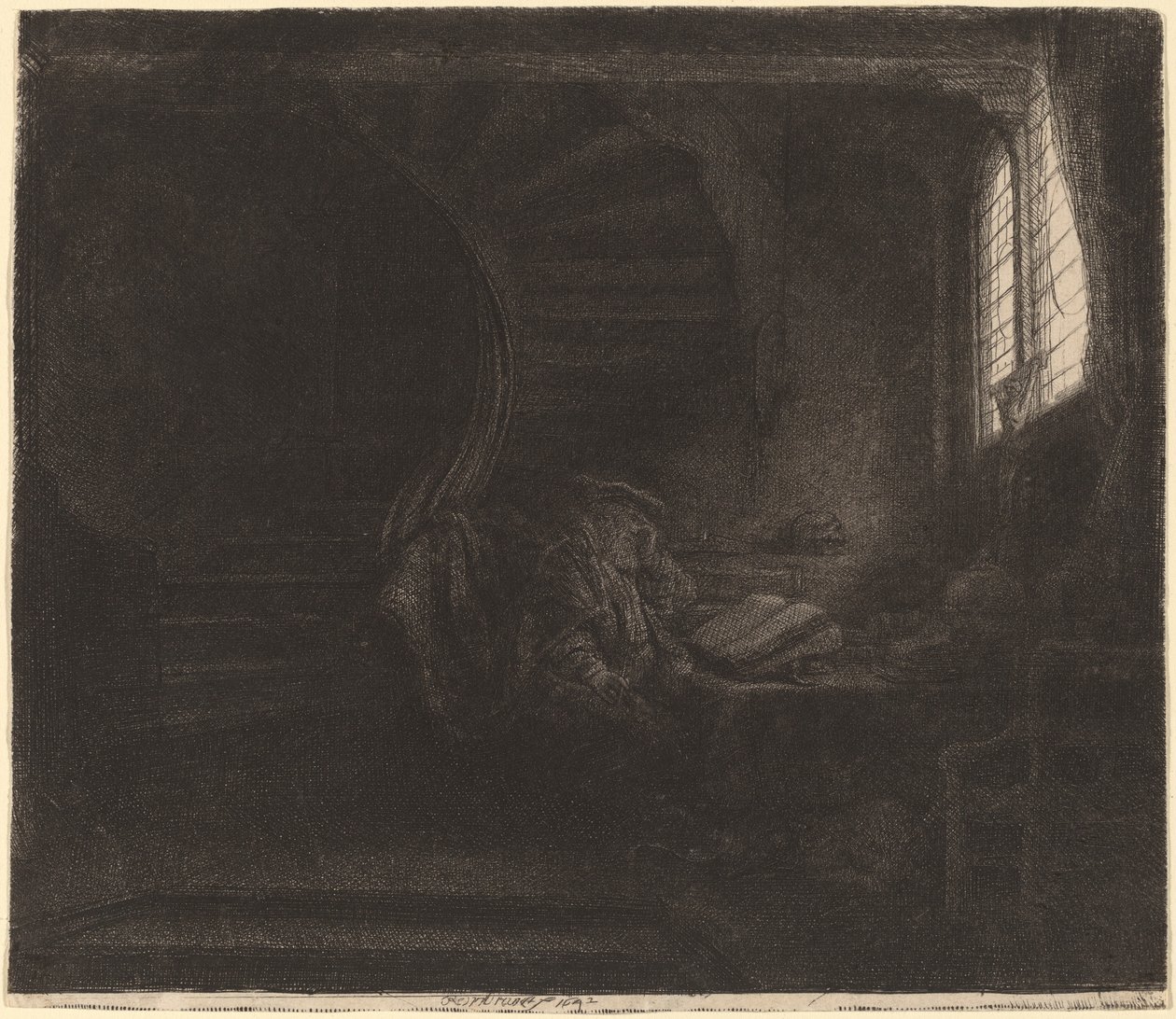 Saint Hieronymus i et mørkt kammer av Rembrandt van Rijn