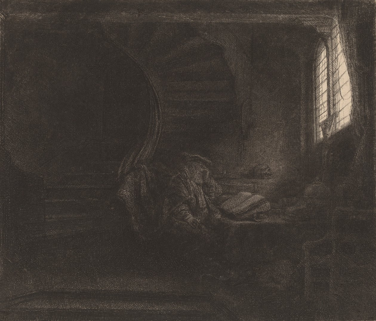 Saint Hieronymus i et mørkt kammer, 1642. av Rembrandt van Rijn