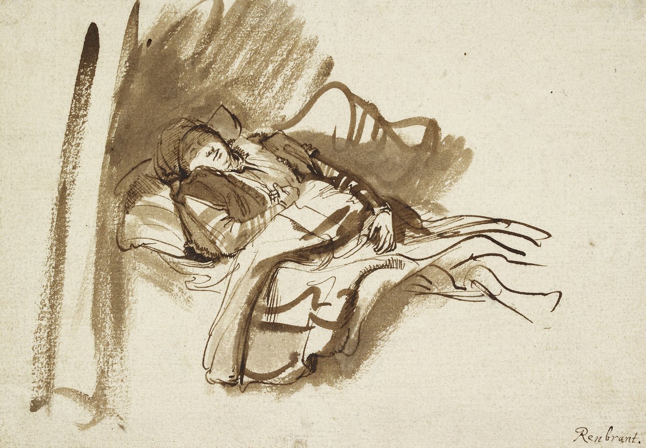 Saskia sover i sengen (penn og brunt blekk) av Rembrandt van Rijn